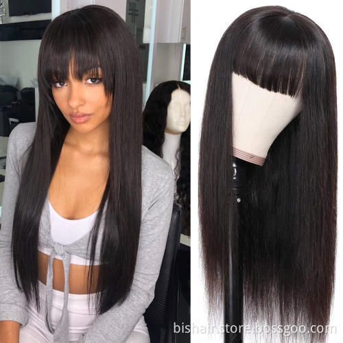 Wig with Bangs Straight Human Hair Wigs Machine Made For Black Women Brazilian fringe 30 inch wig Short natural Hair Pre Plucked